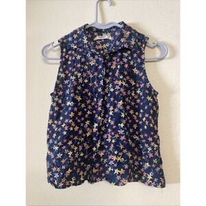 Pull & Bear Floral Navy Button Down Shirt Top Size S